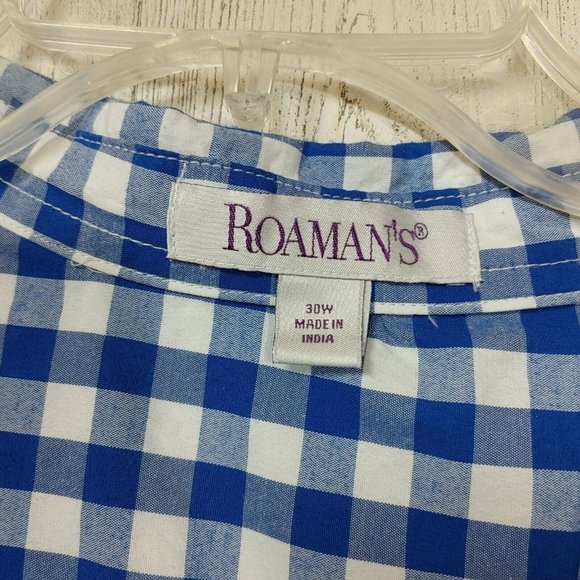 Roaman's Button Up Shirt Women's Plus Size 30W Short Sleeves Blue White Plaid - Picture 4 of 8